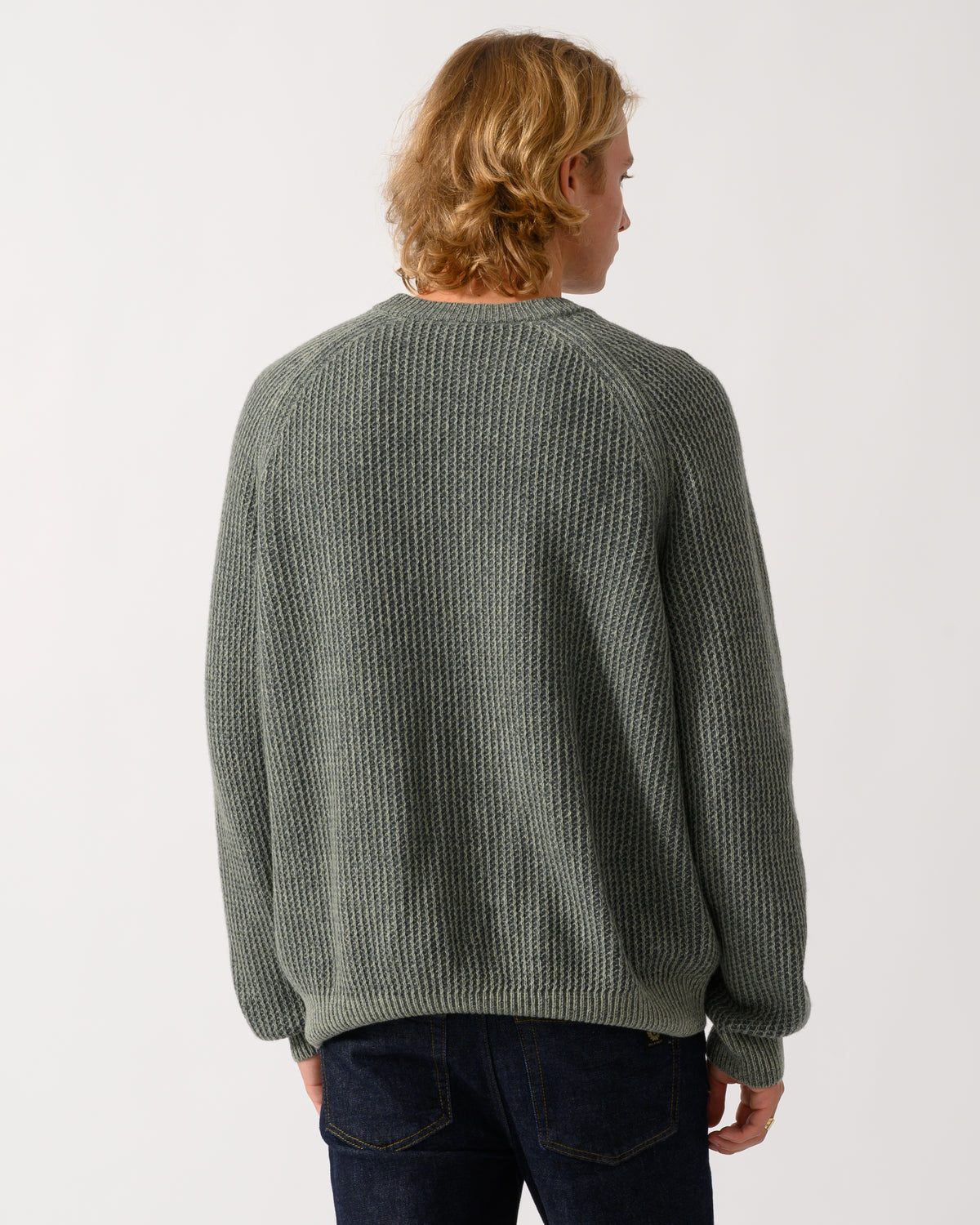 back of a model wearing a BOSS Orange Kepler Mens Crew Neck Jumper in Open Green 370
