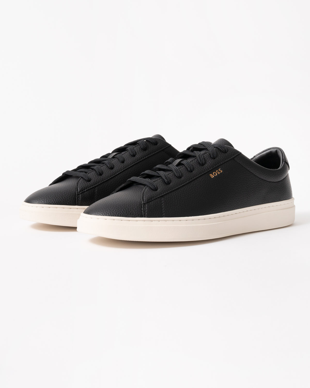 studio shot of BOSS Orange Kieran Mens Grained-leather trainers with white rubber sole in Black 008