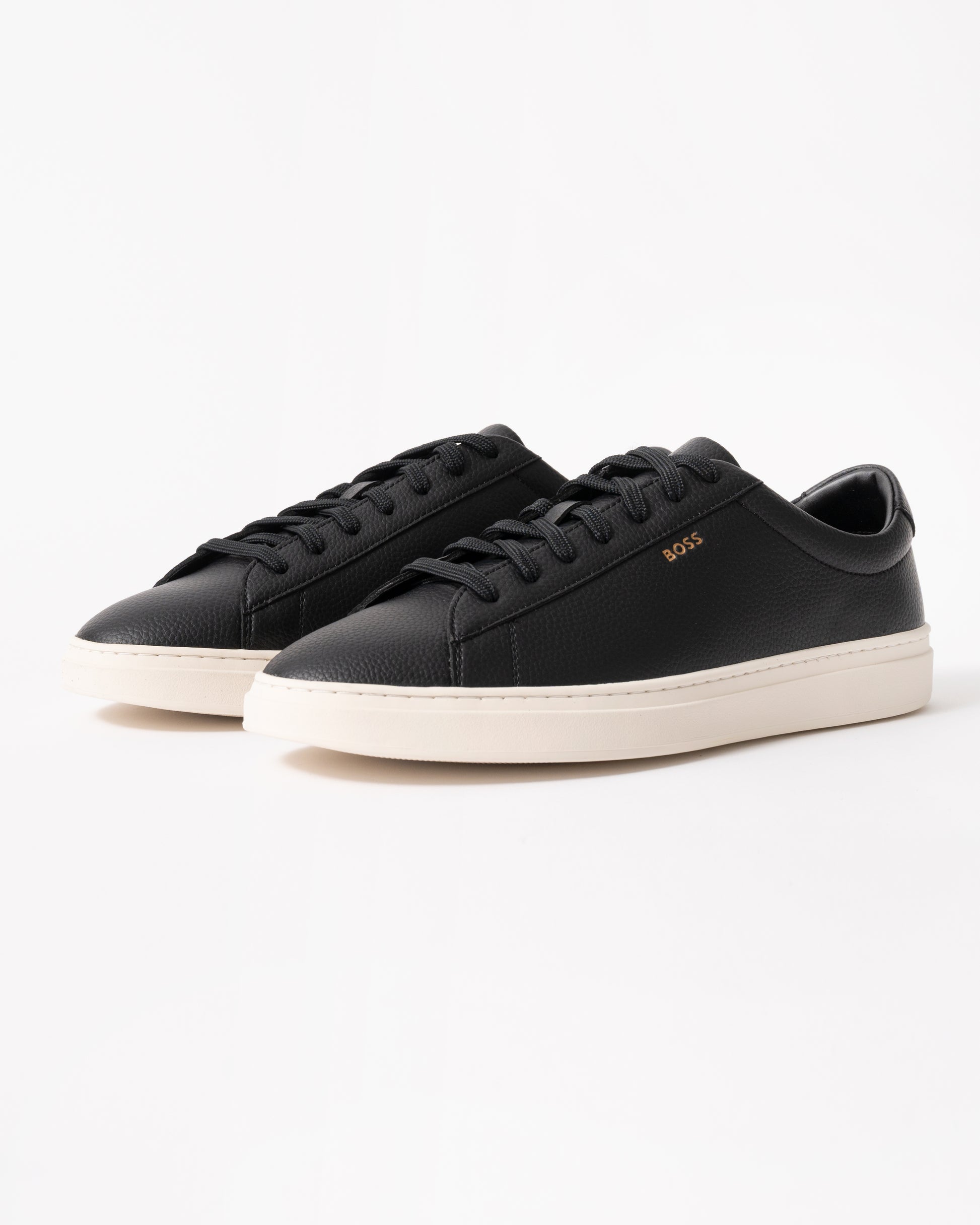 studio shot of BOSS Orange Kieran Mens Grained-leather trainers with white rubber sole in Black 008