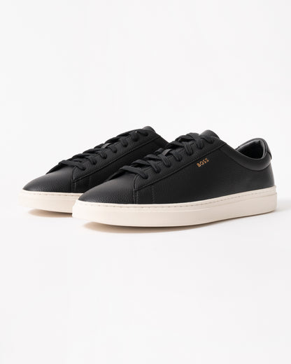 studio shot of BOSS Orange Kieran Mens Grained-leather trainers with white rubber sole in Black 008