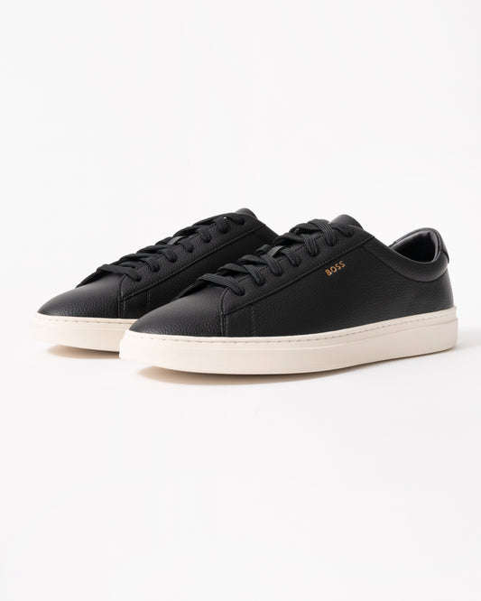 studio shot of BOSS Orange Kieran Mens Grained-leather trainers with white rubber sole in Black 008