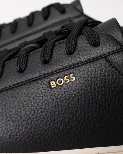 close up studio shot of BOSS Orange Kieran Mens Grained-leather trainers with white rubber sole in Black 008