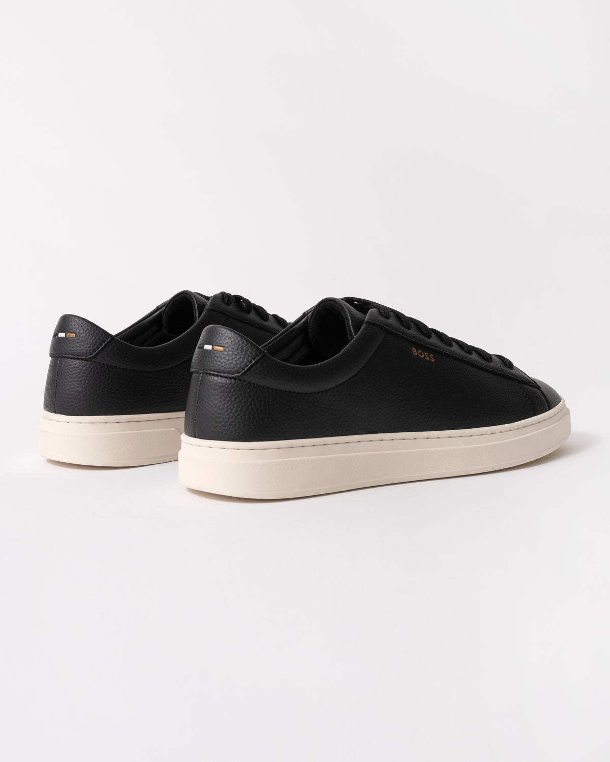 back studio shot of BOSS Orange Kieran Mens Grained-leather trainers with white rubber sole in Black 008