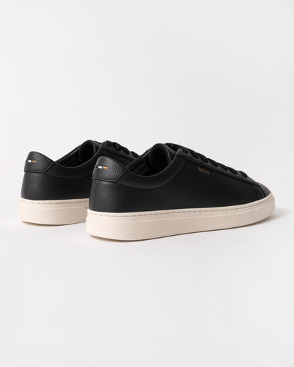 back studio shot of BOSS Orange Kieran Mens Grained-leather trainers with white rubber sole in Black 008