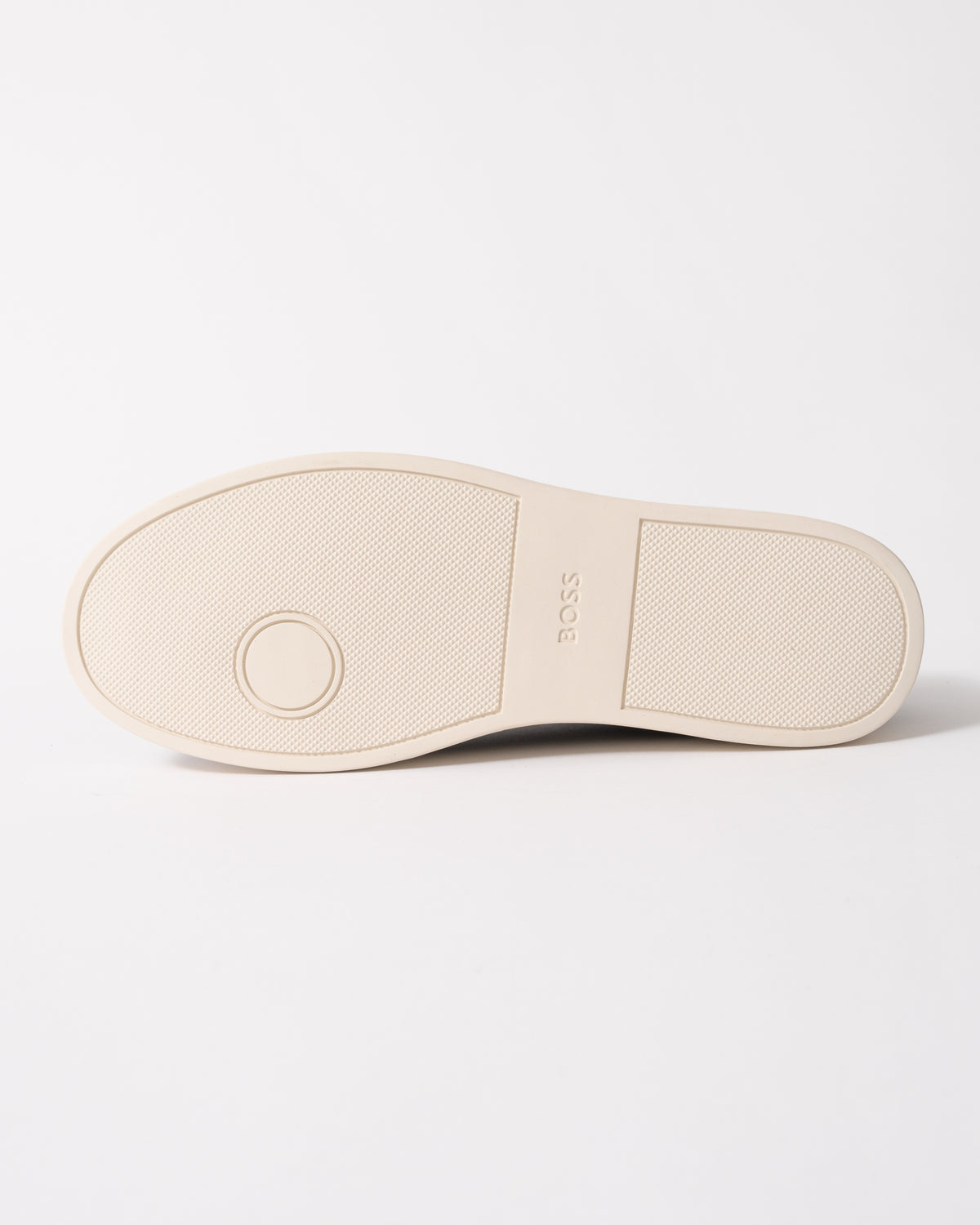 sole studio shot of BOSS Orange Kieran Mens Grained-leather trainers with white rubber sole in Black 008
