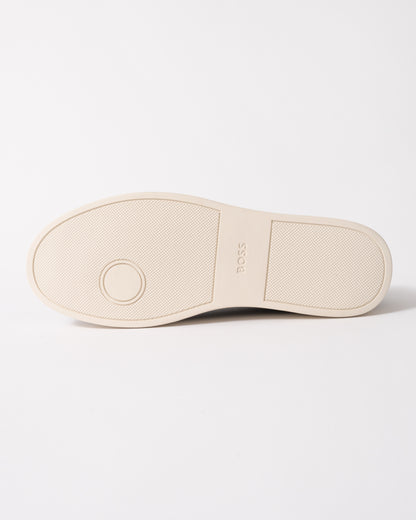 sole studio shot of BOSS Orange Kieran Mens Grained-leather trainers with white rubber sole in Black 008