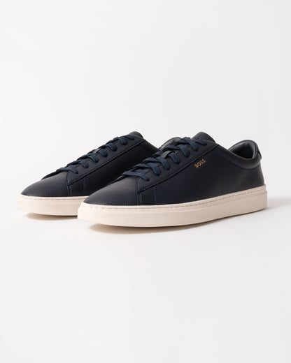 BOSS Orange Kieran Mens Grained-leather trainers with rubber sole in Dark Blue 407