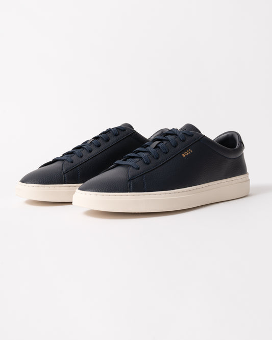 BOSS Orange Kieran Mens Grained-leather trainers with rubber sole in Dark Blue 407