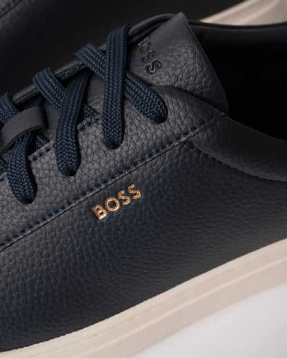 close up view of BOSS Orange Kieran Mens Grained-leather trainers with rubber sole in Dark Blue 407