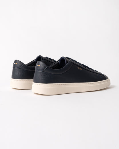 back view of BOSS Orange Kieran Mens Grained-leather trainers with rubber sole in Dark Blue 407
