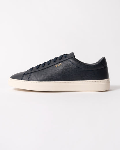 side view of BOSS Orange Kieran Mens Grained-leather trainers with rubber sole in Dark Blue 407