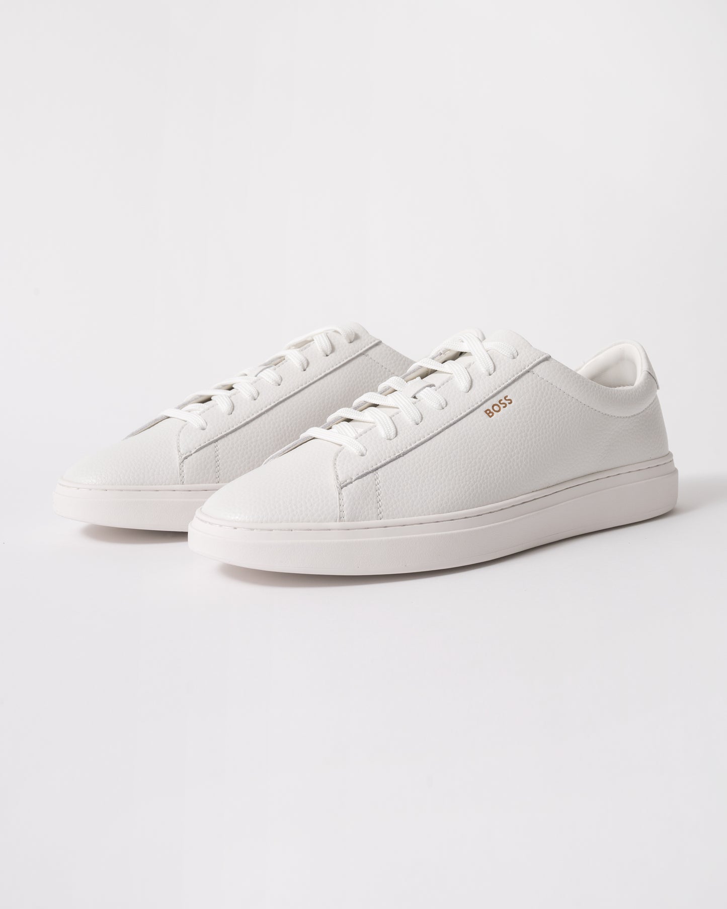 studio shot of BOSS Orange Kieran Mens Grained-leather trainers with rubber sole in White 100