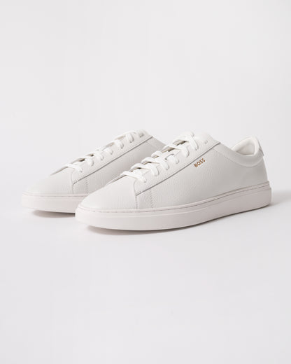 studio shot of BOSS Orange Kieran Mens Grained-leather trainers with rubber sole in White 100