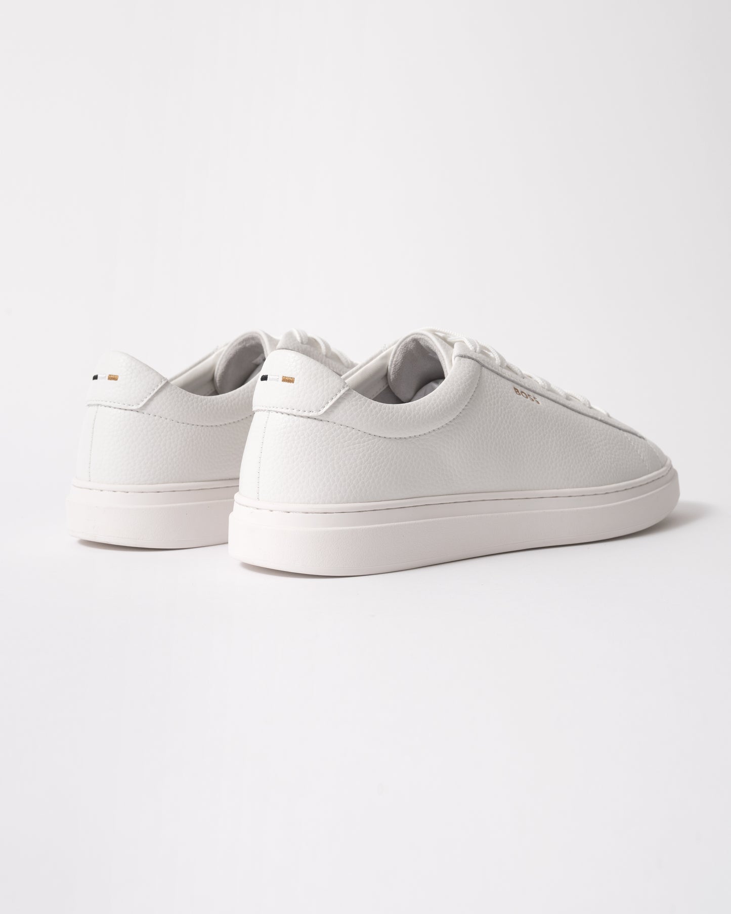back studio shot of BOSS Orange Kieran Mens Grained-leather trainers with rubber sole in White 100
