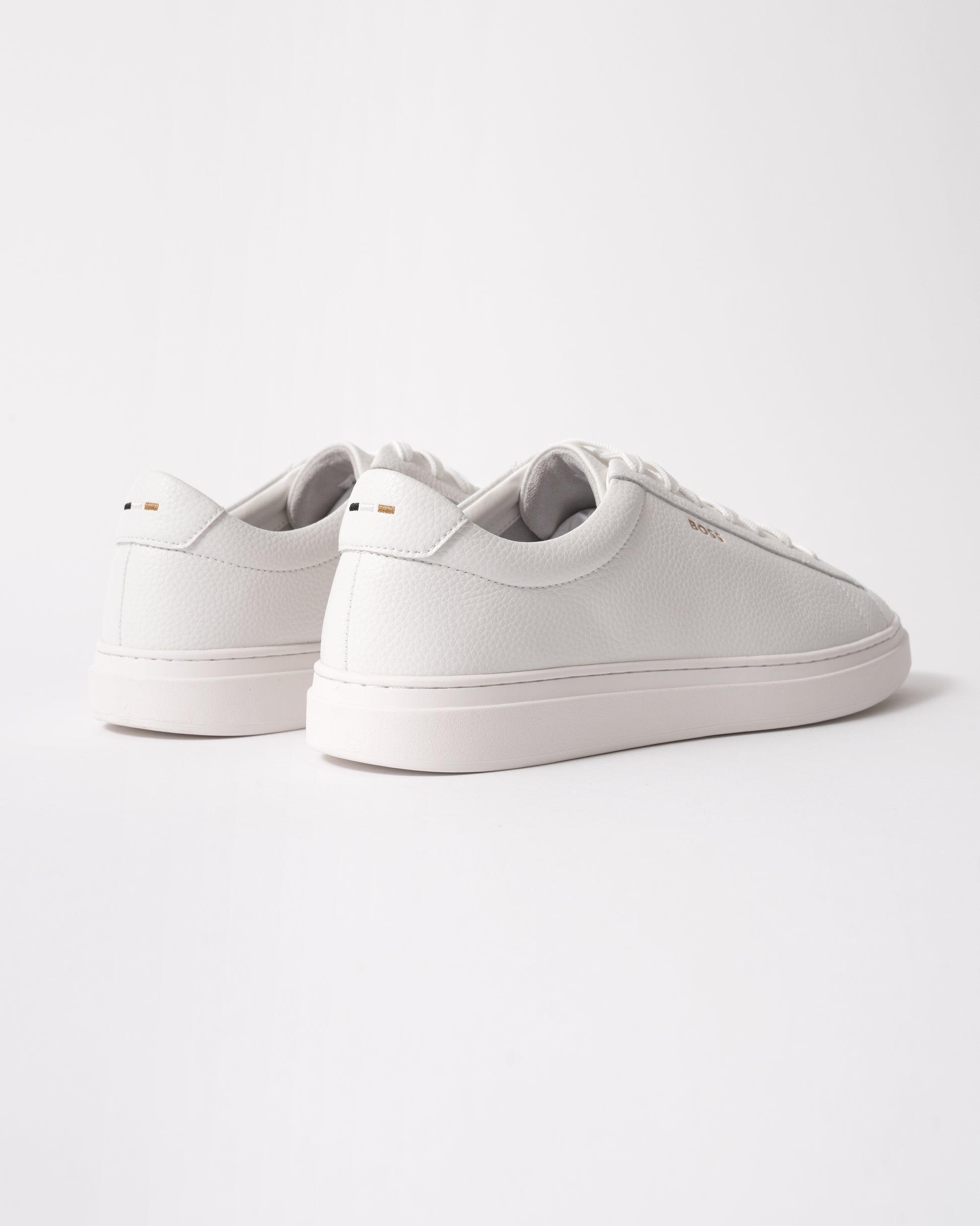 back studio shot of BOSS Orange Kieran Mens Grained-leather trainers with rubber sole in White 100