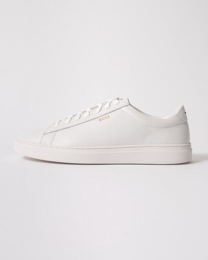 side studio shot of BOSS Orange Kieran Mens Grained-leather trainers with rubber sole in White 100
