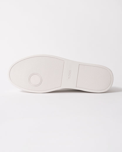 sole studio shot of BOSS Orange Kieran Mens Grained-leather trainers with rubber sole in White 100