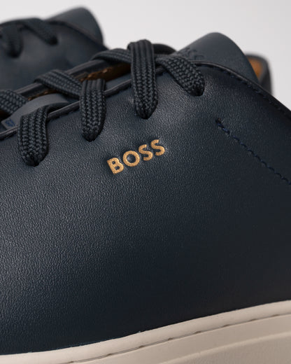 close up studio shot of BOSS Orange Kieran_Tenn_butb Mens Trainers in Dark Blue 401