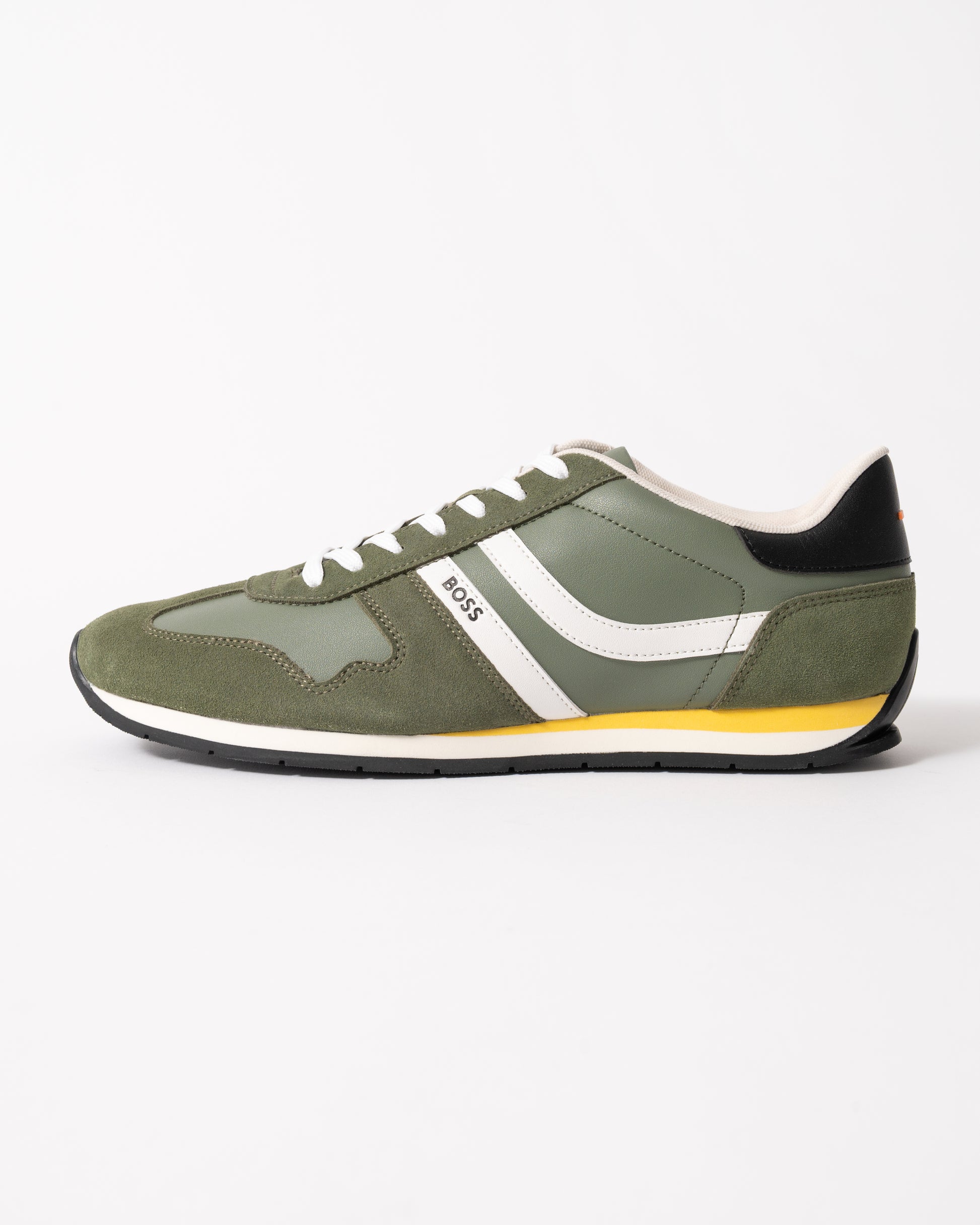 side view of BOSS Orange Levon Runn pumi Mens Trainers in Dark Green 307