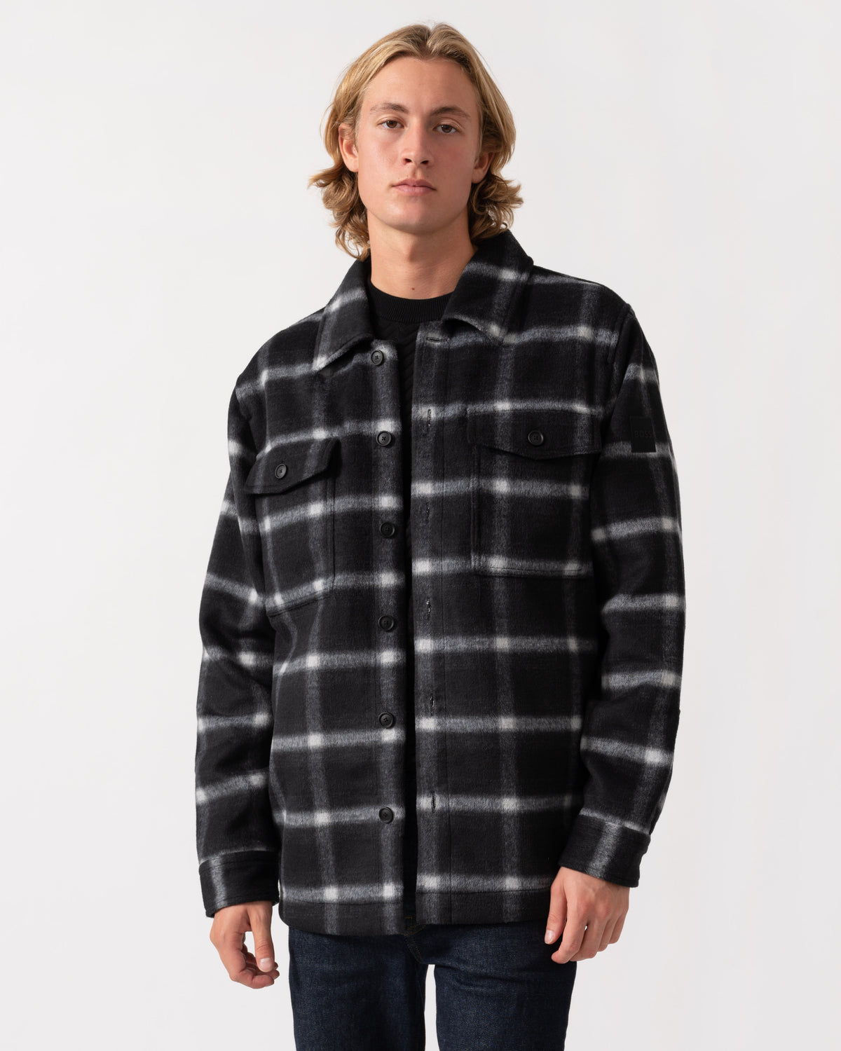 Front of the BOSS Orange Losky Mens Long Sleeve Check Shirt - Black 001