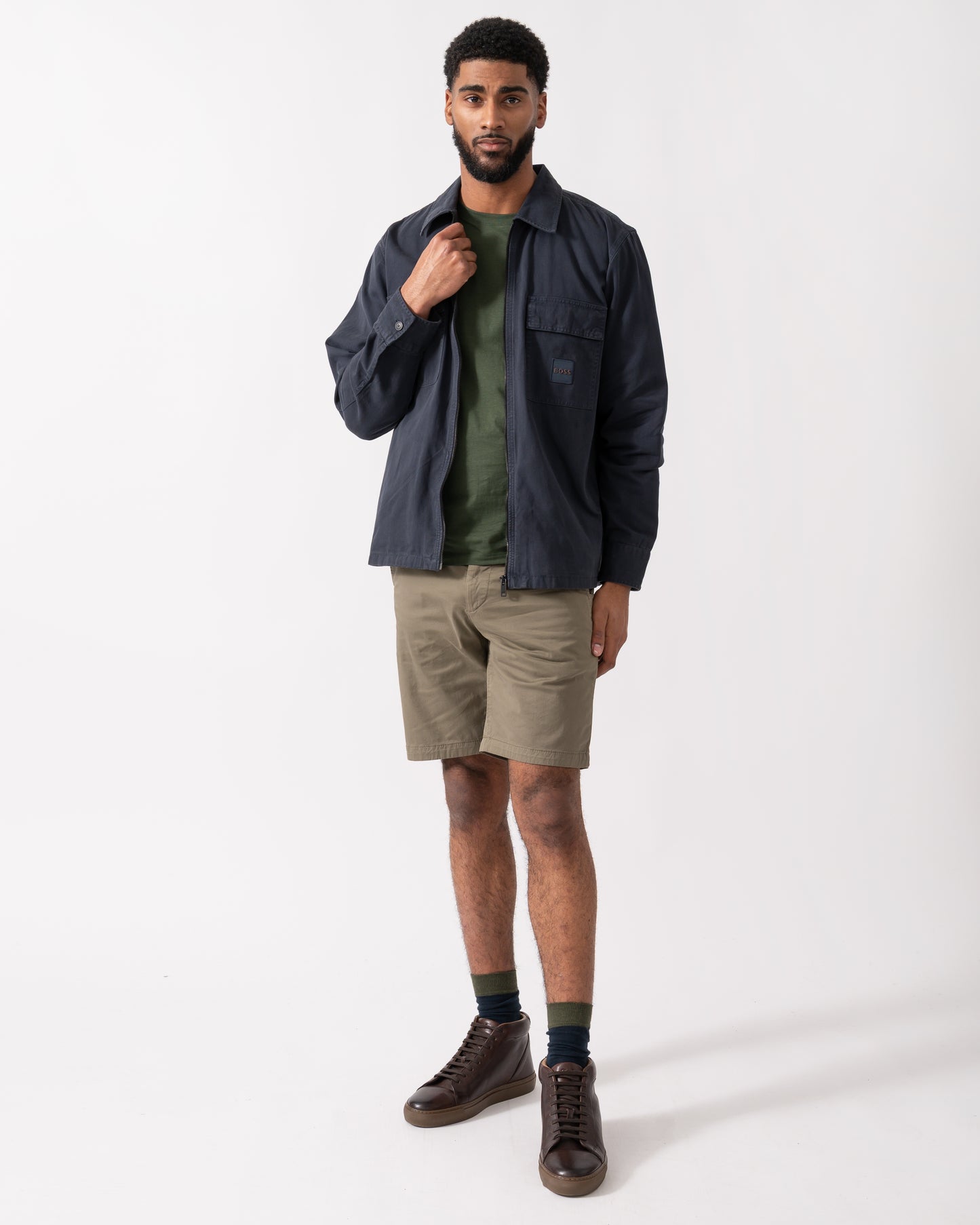 full length shot of a model wearing a BOSS Orange Lovel Mens Zip Overshirt in Dark Blue