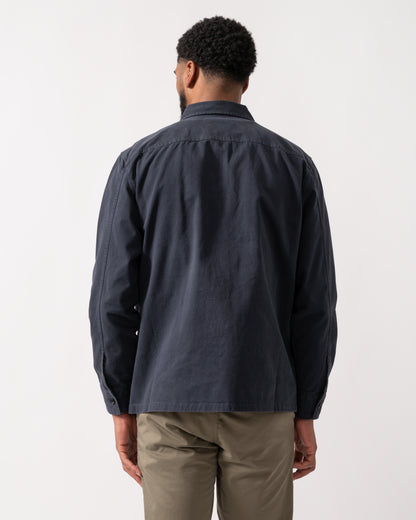 back shot of a model wearing a BOSS Orange Lovel Mens Zip Overshirt in Dark Blue