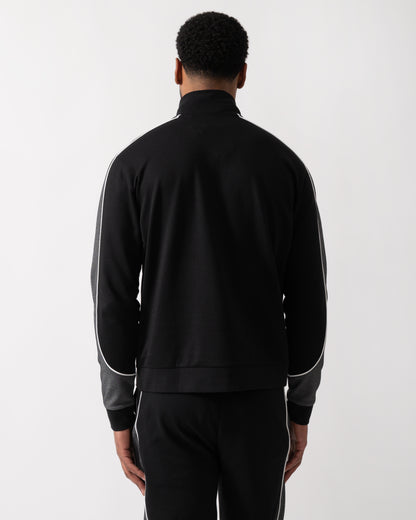Back shot of a Model wearing a BOSS Orange Mens 1/4 Zip Loungewear Tracksuit Jacket in Black