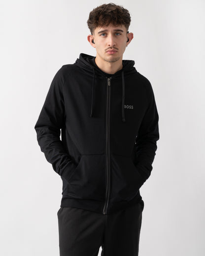 studio shot of a model wearing a BOSS Orange Mens Authentic Zip Up Loungewear Hoodie in Black 004