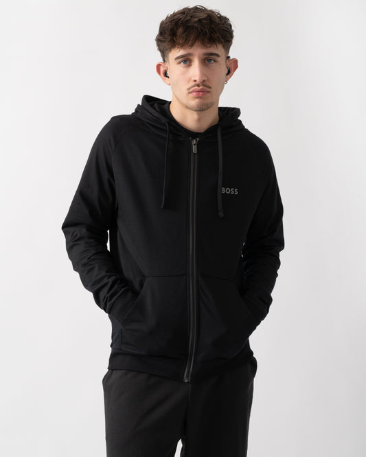 studio shot of a model wearing a BOSS Orange Mens Authentic Zip Up Loungewear Hoodie in Black 004