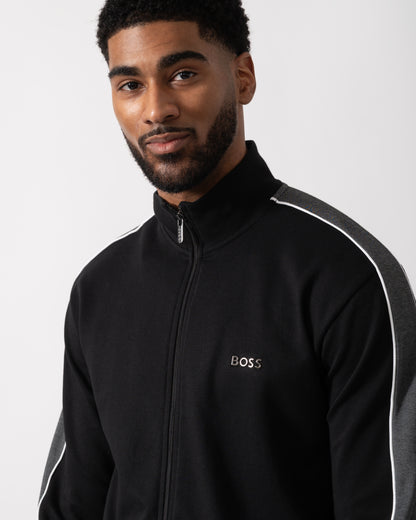 Close up shot of a Model wearing a BOSS Orange Mens Full Zip Loungewear Tracksuit Jacket in Black