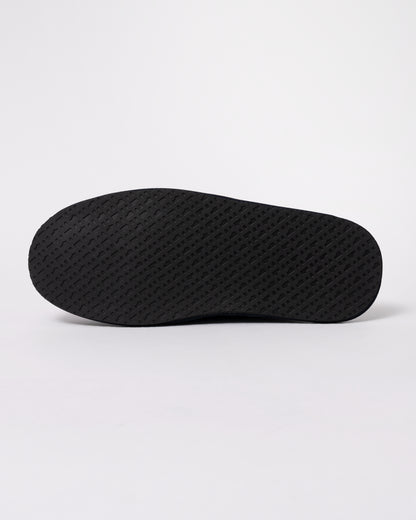 Studio photograph showing sole of BOSS Orange Mens Shearling-lined slip-on slippers with logo detail in Dark Blue 404