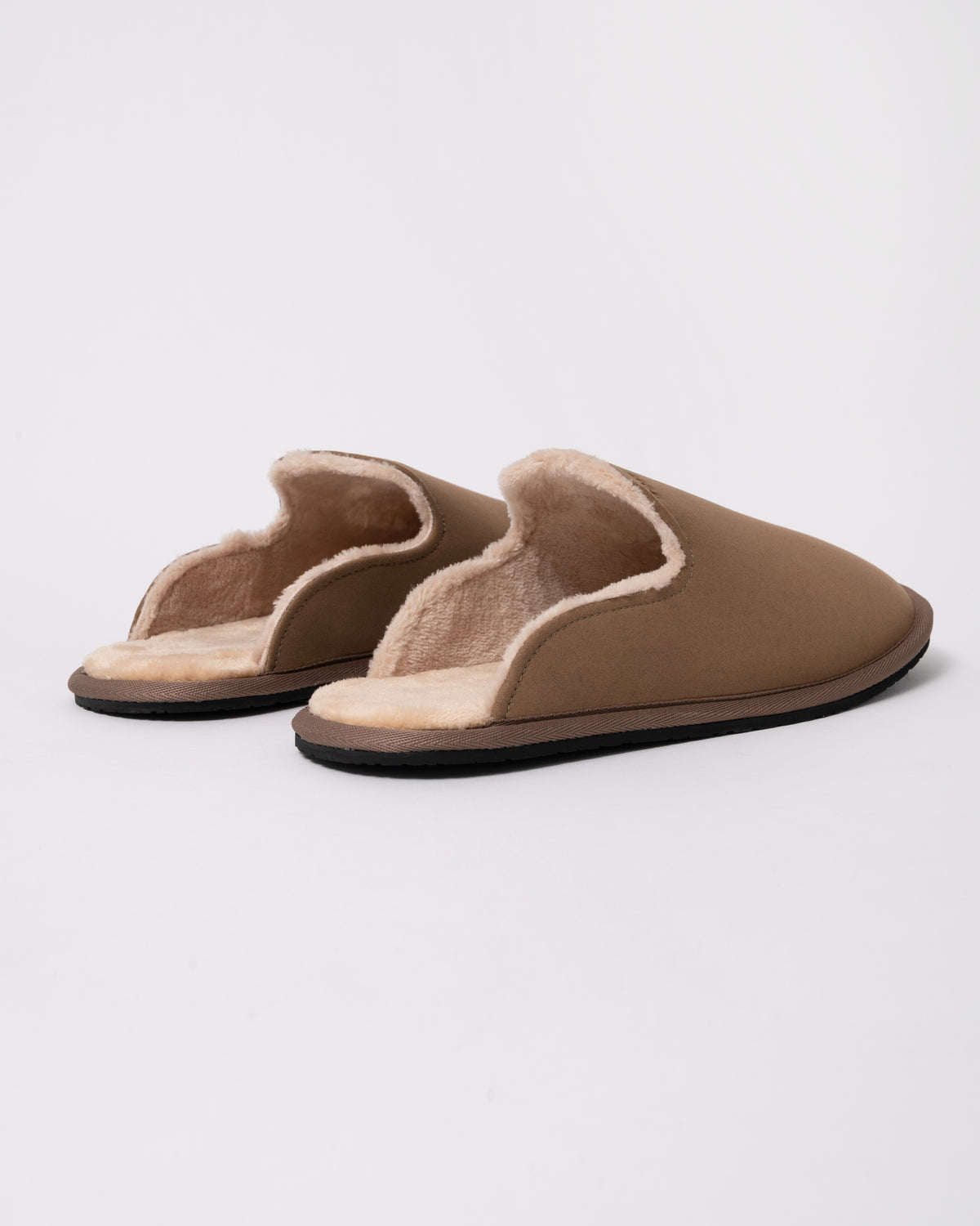 Studio photograph showing back of BOSS Orange Mens Shearling-lined slip-on slippers with logo detail in Medium Beige 260