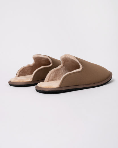 Studio photograph showing back of BOSS Orange Mens Shearling-lined slip-on slippers with logo detail in Medium Beige 260