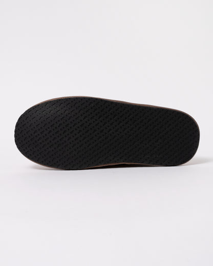 Studio photograph showing sole of BOSS Orange Mens Shearling-lined slip-on slippers with logo detail in Medium Beige 260