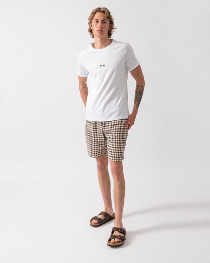 full legth shot of a model wearing a BOSS Orange Mens Slim Fit Beach T-Shirt in Natural 105