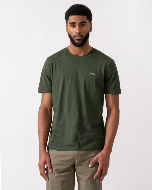 model wearing a HUGO Dero222 Mens Cotton-Jersey T-Shirt with Logo Print in Dark Green