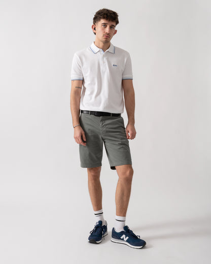 full length shot of a model wearing a pair of BOSS Orange Mens Slim Fit Chino Shorts in Stretch Cotton Twill in Open Grey 076