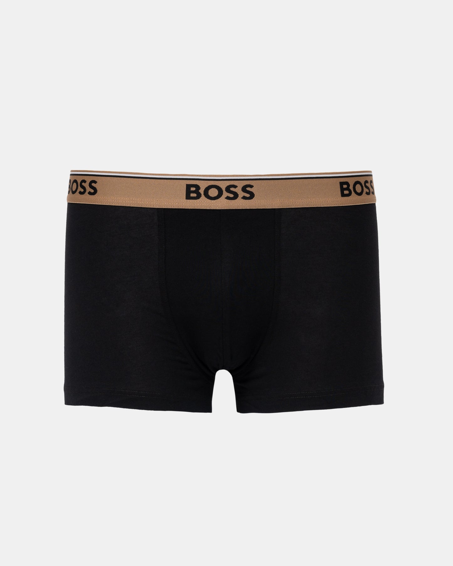 Black BOSS men's boxer briefs with a tan waistband featuring the BOSS logo in black.