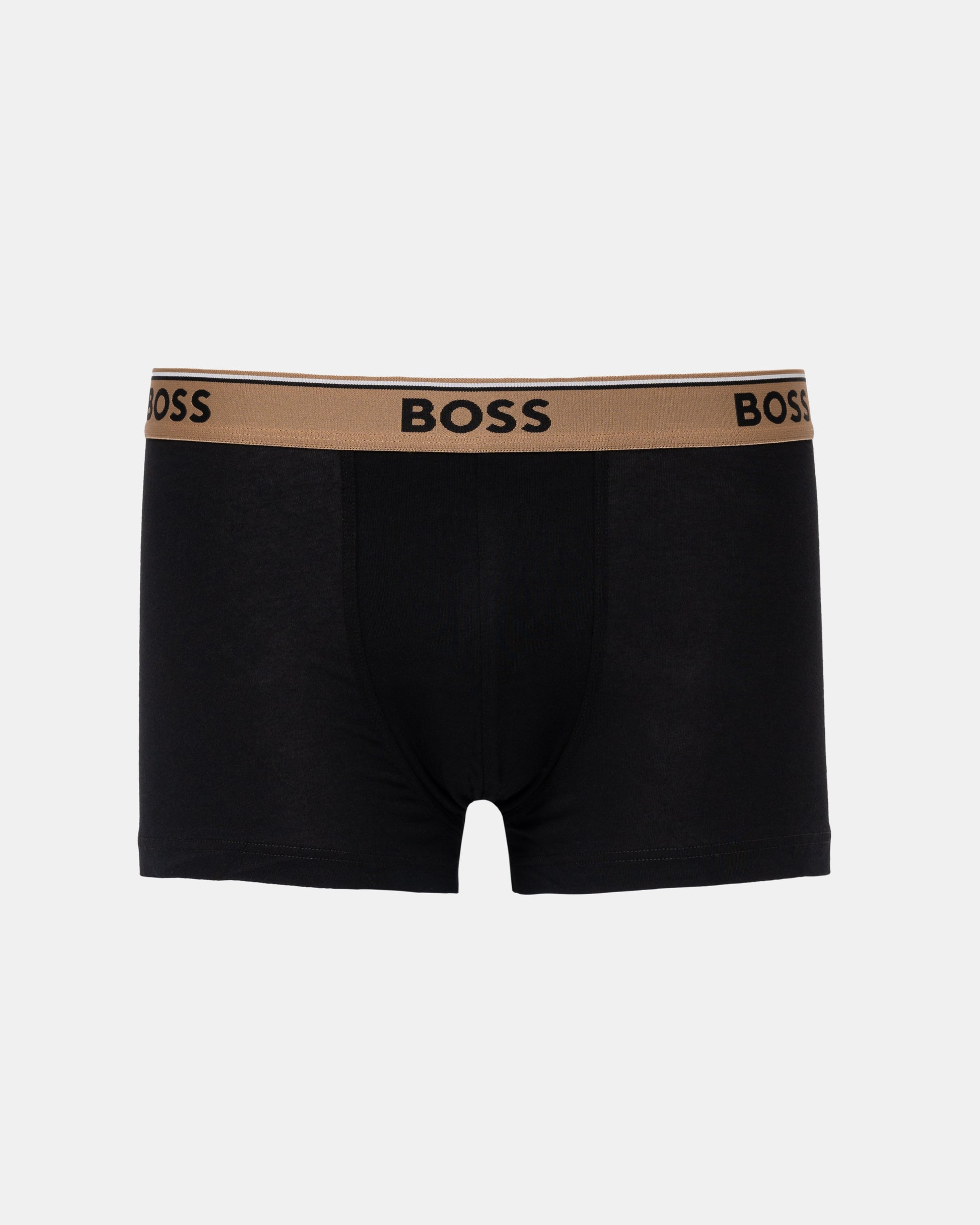Black BOSS men's boxer briefs with a tan waistband featuring the BOSS logo in black.