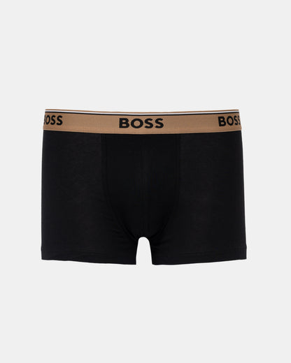 Black BOSS men's boxer briefs with a tan waistband featuring the BOSS logo in black.
