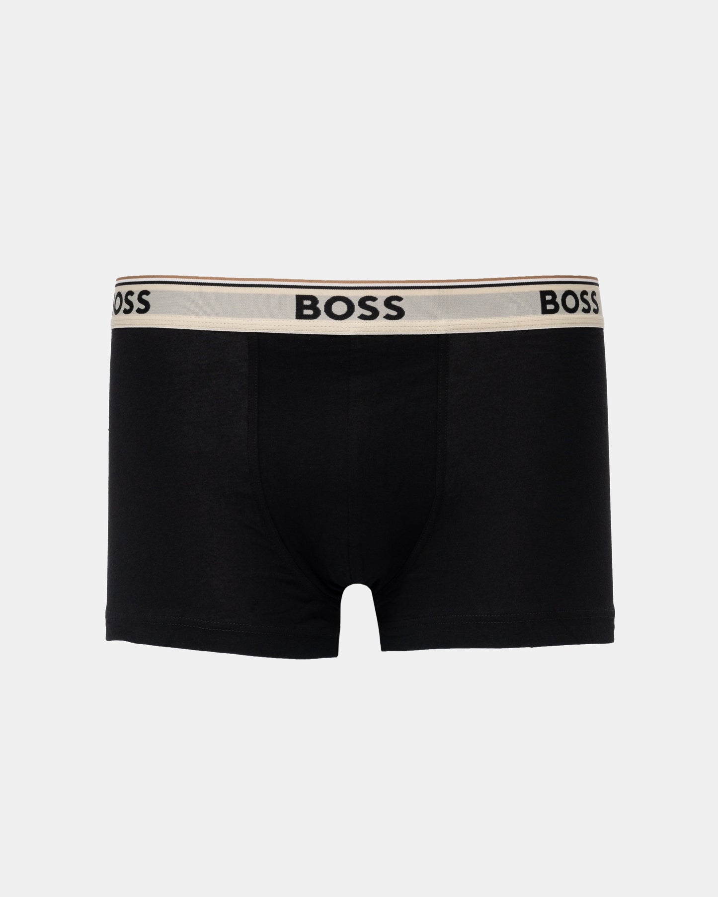 Black BOSS men's boxer briefs with a beige elastic waistband featuring black BOSS branding.