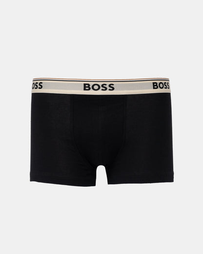 Black BOSS men's boxer briefs with a beige elastic waistband featuring black BOSS branding.