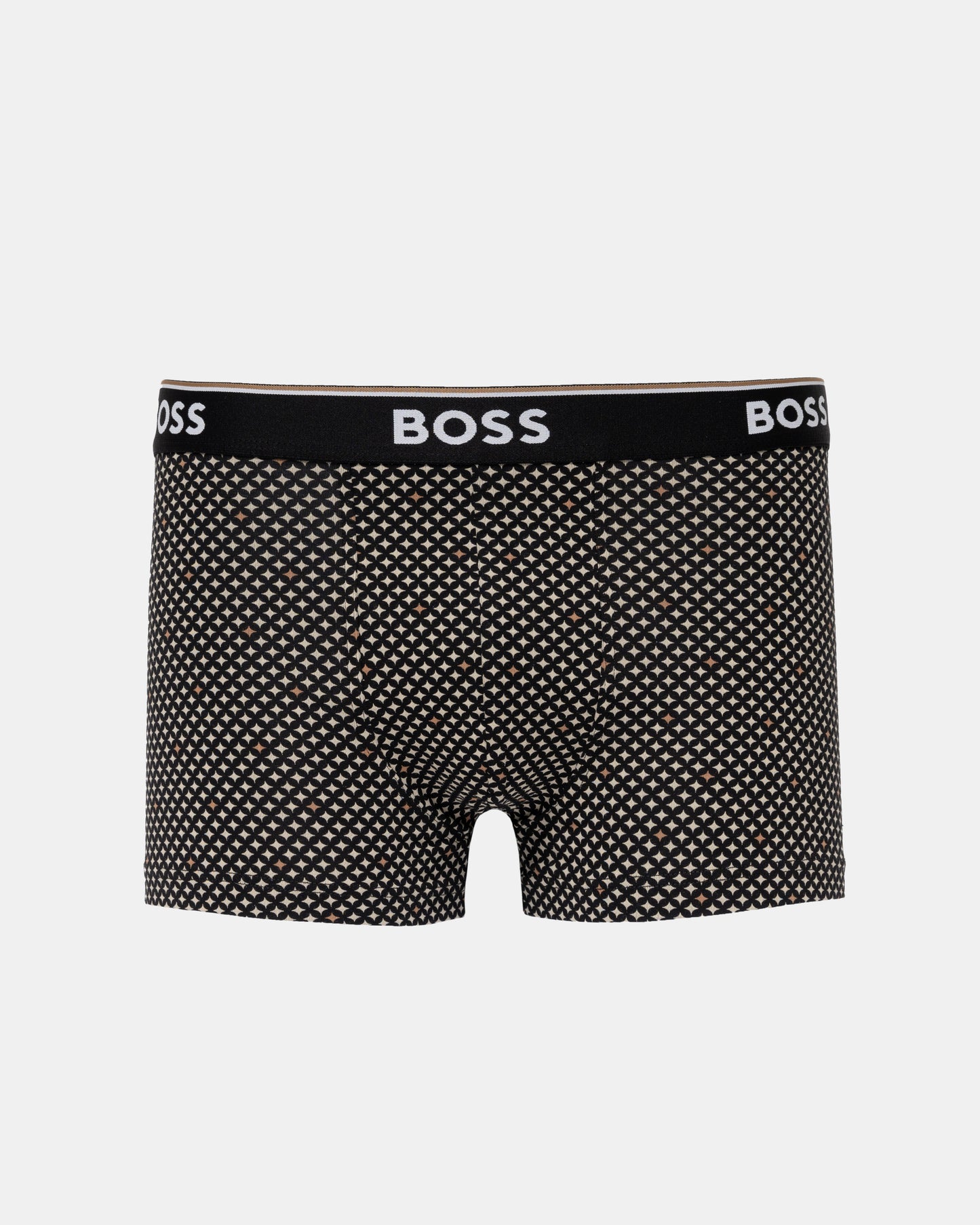 BOSS men's boxer briefs featuring a black and white micro-dot pattern with a black waistband displaying the white BOSS logo.