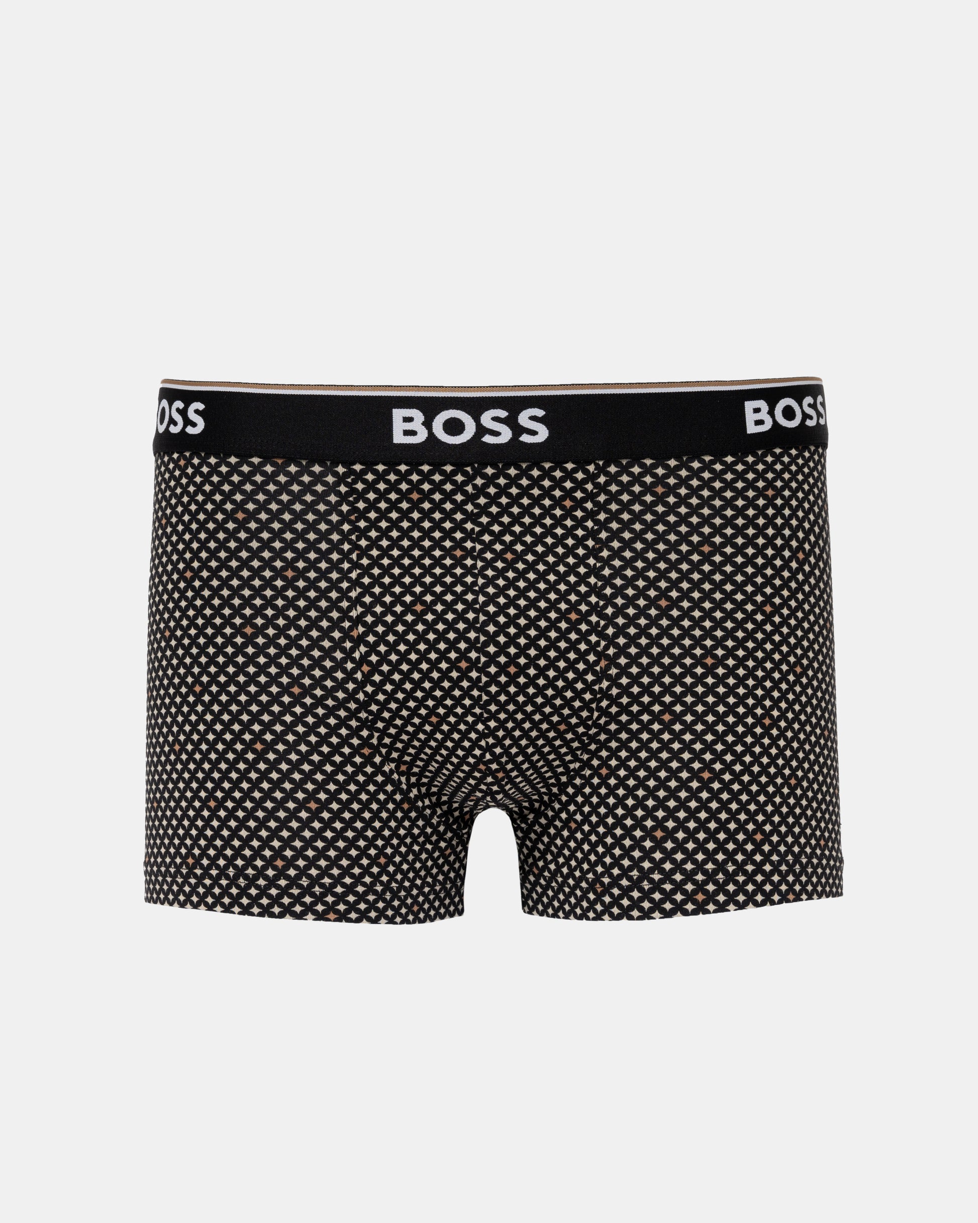 BOSS men's boxer briefs featuring a black and white micro-dot pattern with a black waistband displaying the white BOSS logo.