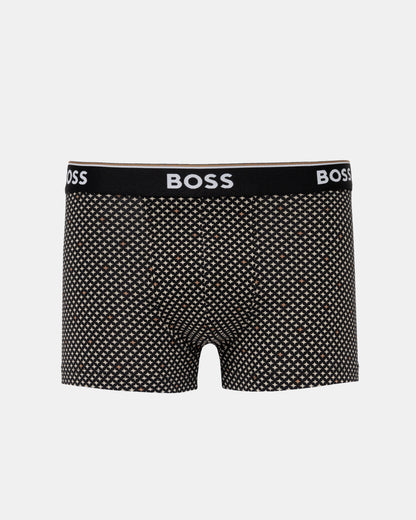 BOSS men's boxer briefs featuring a black and white micro-dot pattern with a black waistband displaying the white BOSS logo.