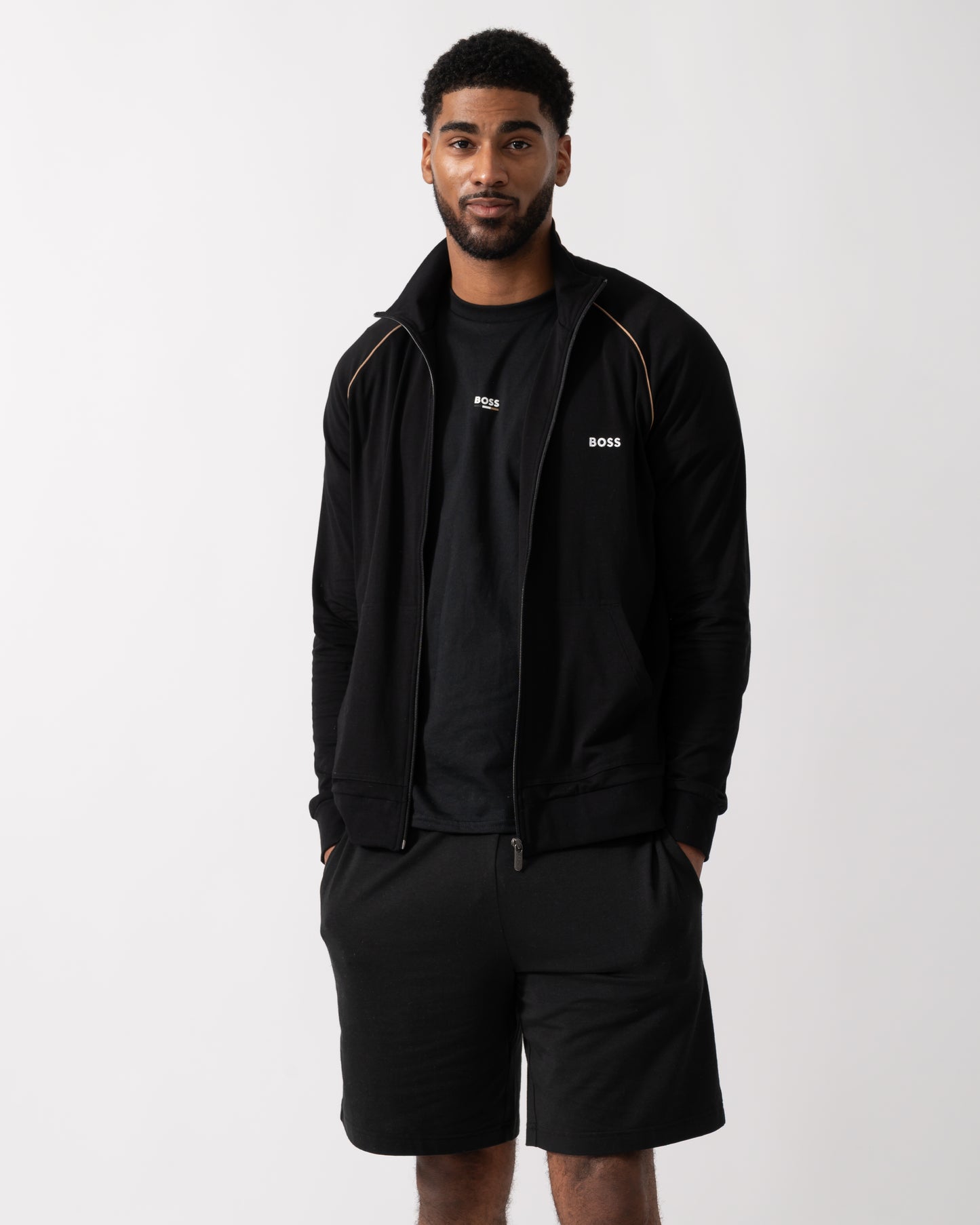 Model wearing a BOSS Orange Mix&Match Mens Logo-Embroidered Full Zip Loungewear Jacket in black Stretch-Cotton Jersey
