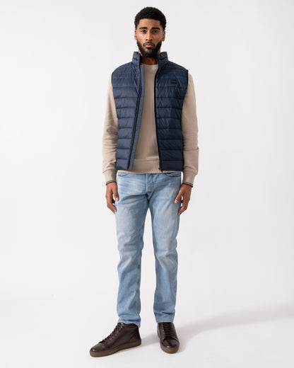 Full length shot of a Model wearing a BOSS Orange Odeno 2 Mens Gilet in Dark Blue