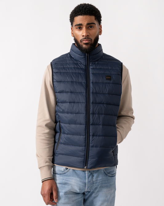 Model wearing a BOSS Orange Odeno 2 Mens Gilet in Dark Blue