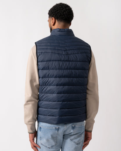 back shot of a Model wearing a BOSS Orange Odeno 2 Mens Gilet in Dark Blue