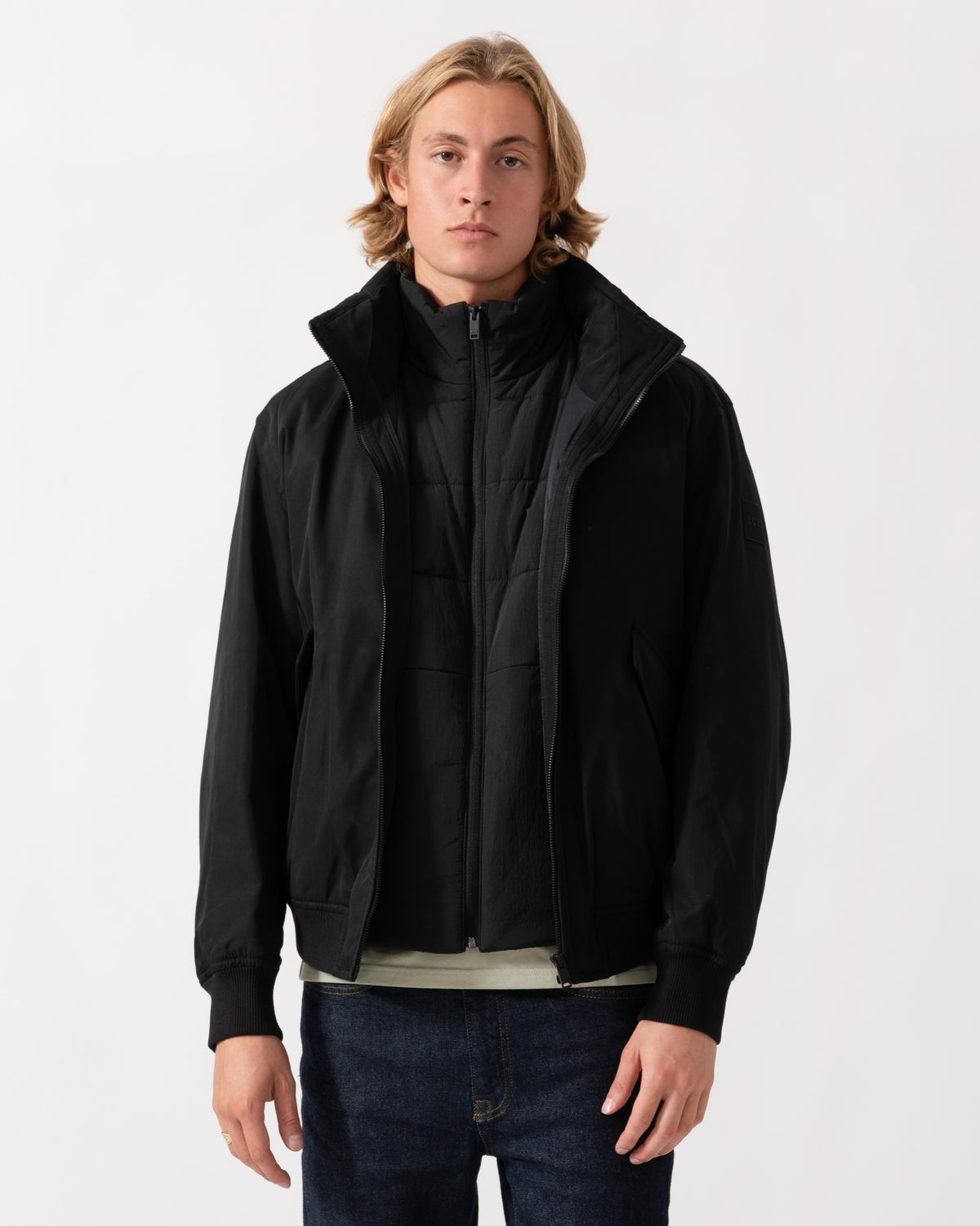 Front of the BOSS Orange Ojens 3-in-1 Bomber Jacket - Black 001
